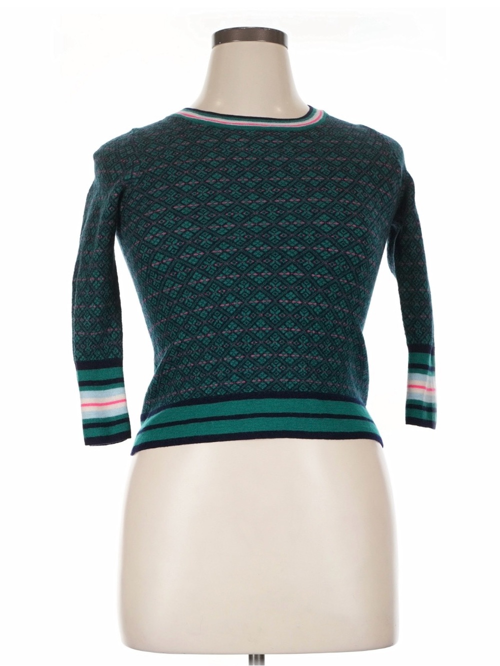 J. Crew Teal & Navy Geometric Crewneck Sweater with Pink Trim